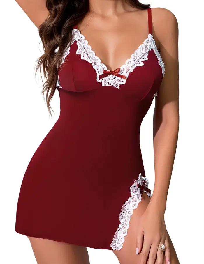 Lingerie pour femmes robes de nuit sexy dentelle garniture robe de nuit col en V nuisette Chemise robe côté fendu nuisette