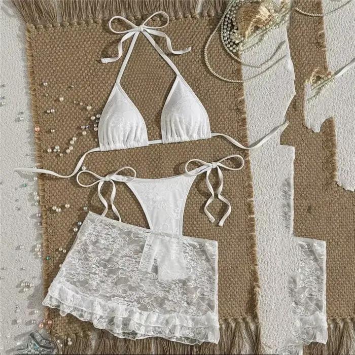 Triangle String licou Bikinis ensembles 3 pièces noir dentelle maille maillots de bain