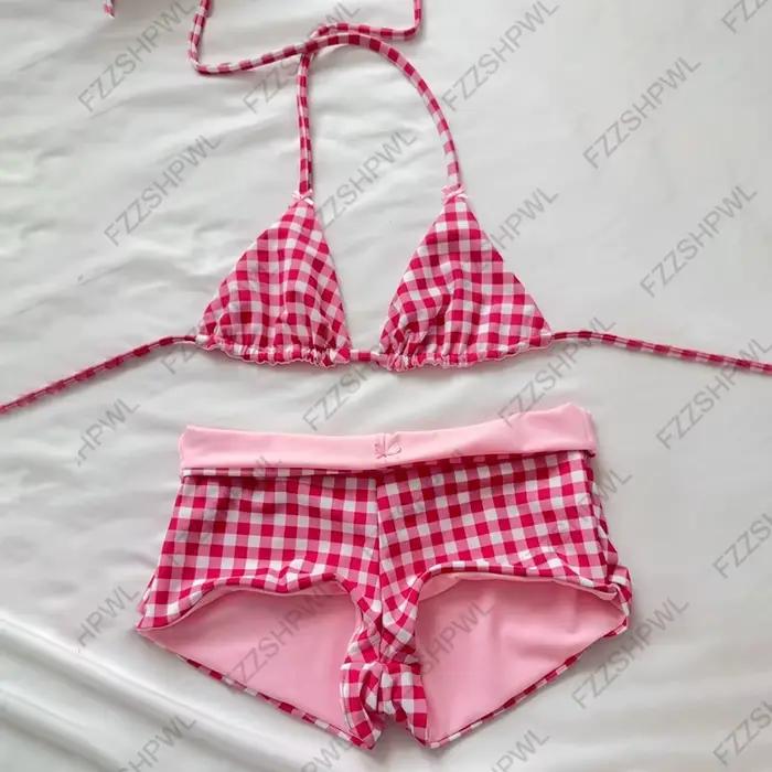Femmes été maillots de bain ensemble Bikini doux bleu Plaid plage vacances pur désir Sexy 2 pièces maillot