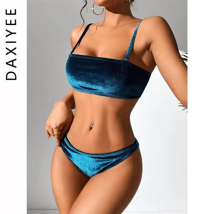 Bikinis ensemble 2025 femmes en velours, bandeau, soutien-gorge rembourré, polyester, style plage, occassions multiples, confort et élégance