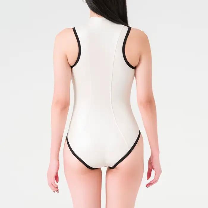 Maillot de bain bikini sans manches métallisé brillant avec fermeture éclair avant
