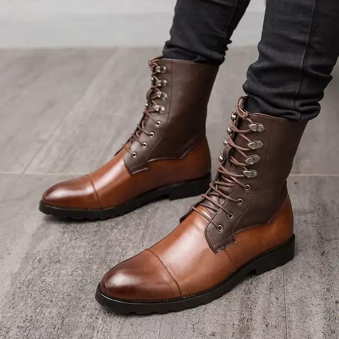 Mayba-Bottes en cuir à talons bas pour hommes, coordonnantes, pointues, Parker, à lacets, chaussures décontractées, extérieur, rétro, hiver, taille 38-48
