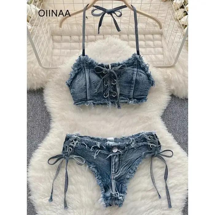 OIINAA maillot de bain femmes Sexy Denim costumes Bikini ensemble à lacets cordon maillots