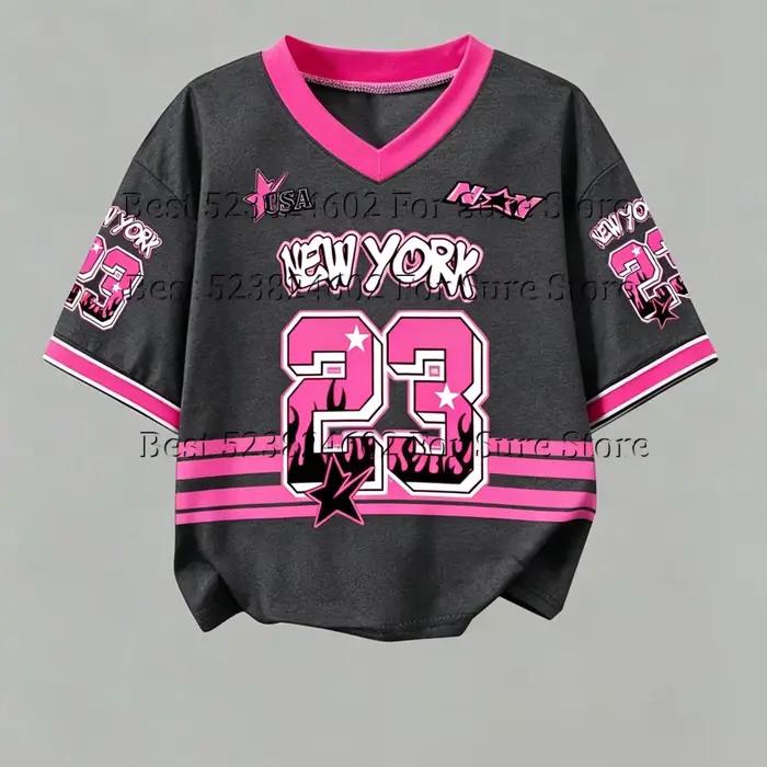 T-shirt court vintage rose et noir contrastant pour femme, motif New York 23, col en V, style Y2K Hip Hop Street, décontracté, été