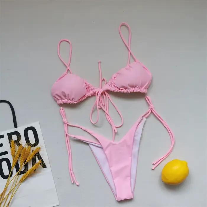 Sexy fronde Bikini Micro String extrême maillot de bain rose Bikinis ensemble