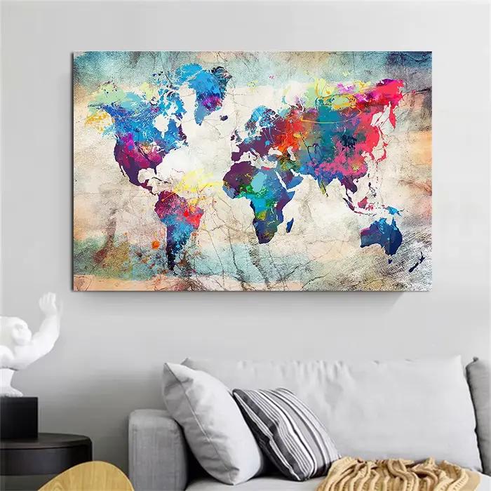 Toile imprimée de carte du monde colorée Vintage, images murales, affiches et imprimés de salon, Art moderne, décoration murale de maison