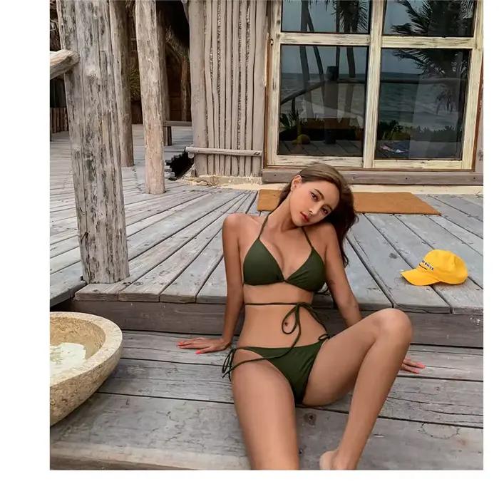 Femmes Sexy entrecroisé Bikini ensemble licou cravate maillot de bain Micro maillots