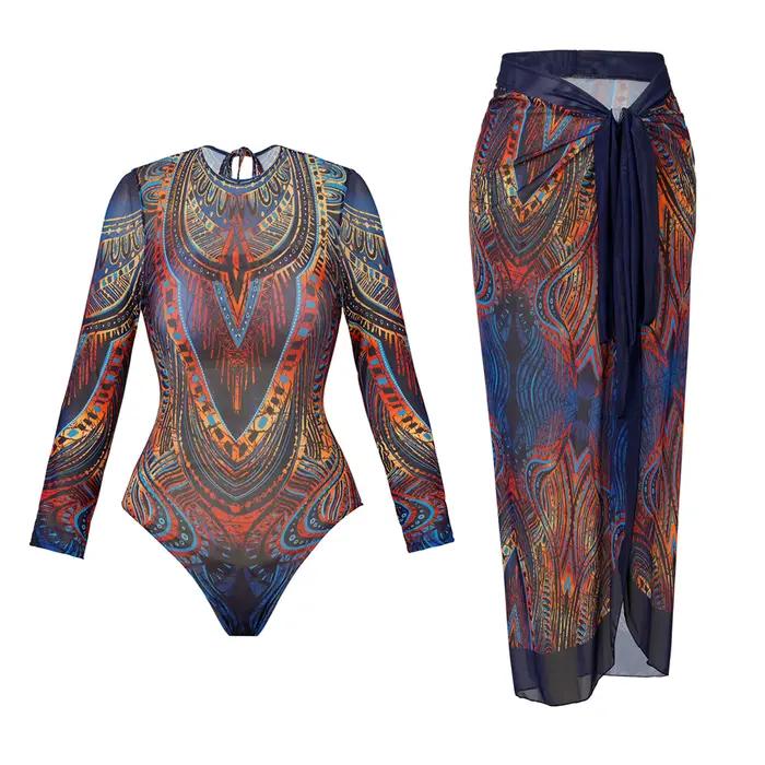 Maillot de bain une pièce vintage bleu à imprimé ethnique avec jupe longue en maille