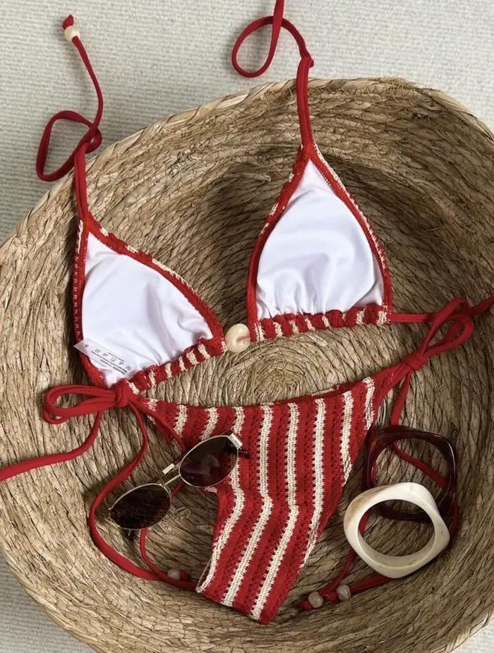 Ensembles de bikinis sexy en tricot à rayures et perles