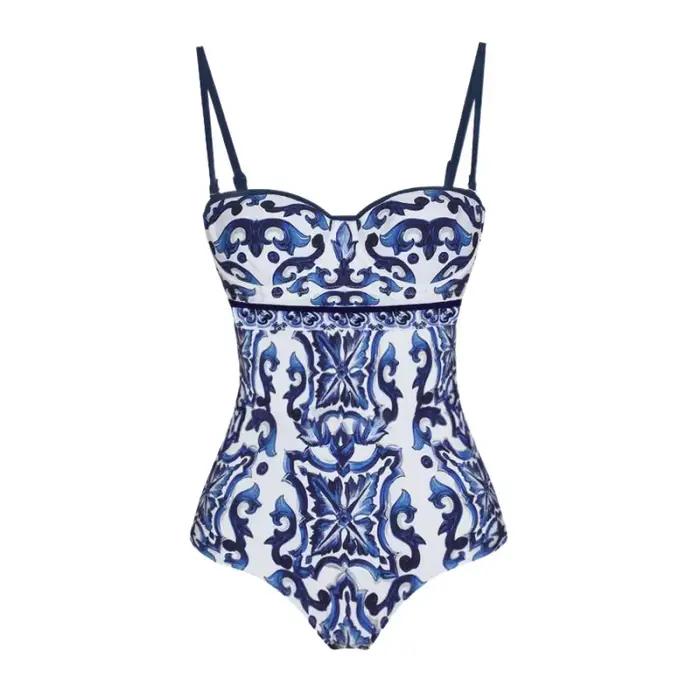 Maillot de bain une pièce bleu flolwer pour femme