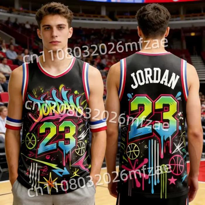 Nouveautés 2026 : Maillot de basketball Jordan N°23 style graffiti urbain hip-hop pour homme – Maillot spécial fan, idéal plage et surf
