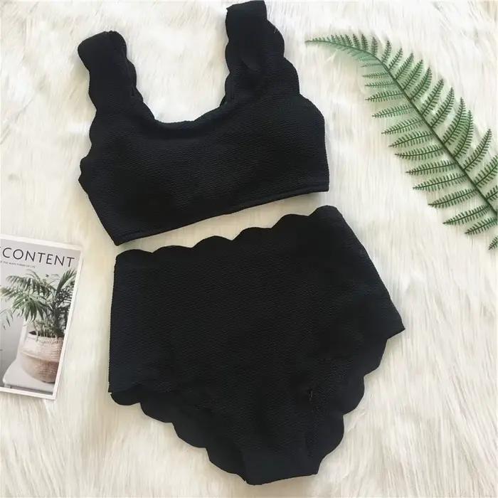 2025 nouvelles femmes maillot de bain festonné taille haute Bikini ensemble solide deux pièces grande