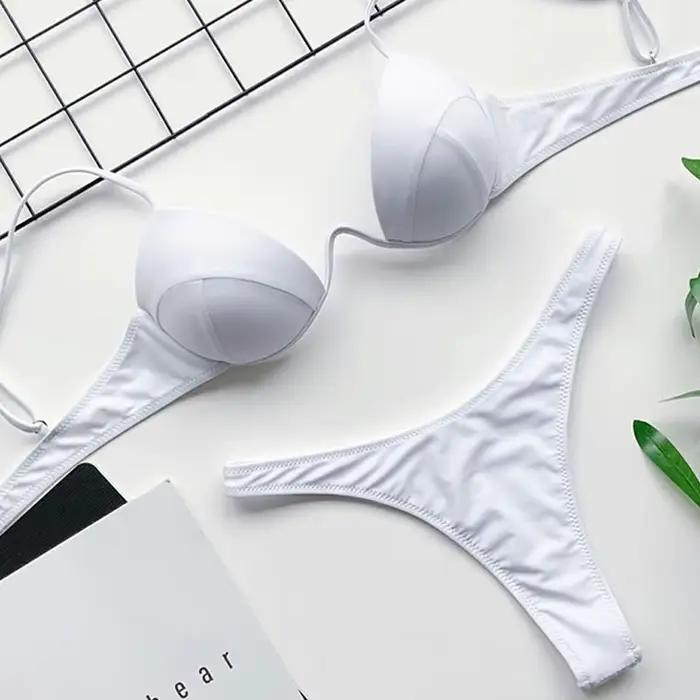 Maillot de bain sexy pour femmes, bikini push-up, couleur unie, coupe basse, col en v, tenue de plage, d'été