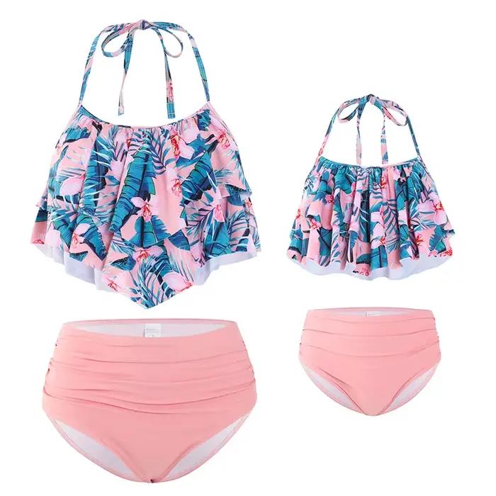 Maillot de bain à rayures pour mère et fille, vêtements de plage pour la famille, à volants
