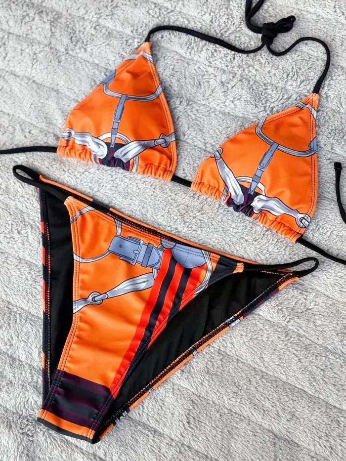 Luxe Sexy Orange géométrie imprimé Bikini 2 pièces ensemble femmes licou élastique string maillot de bain plage