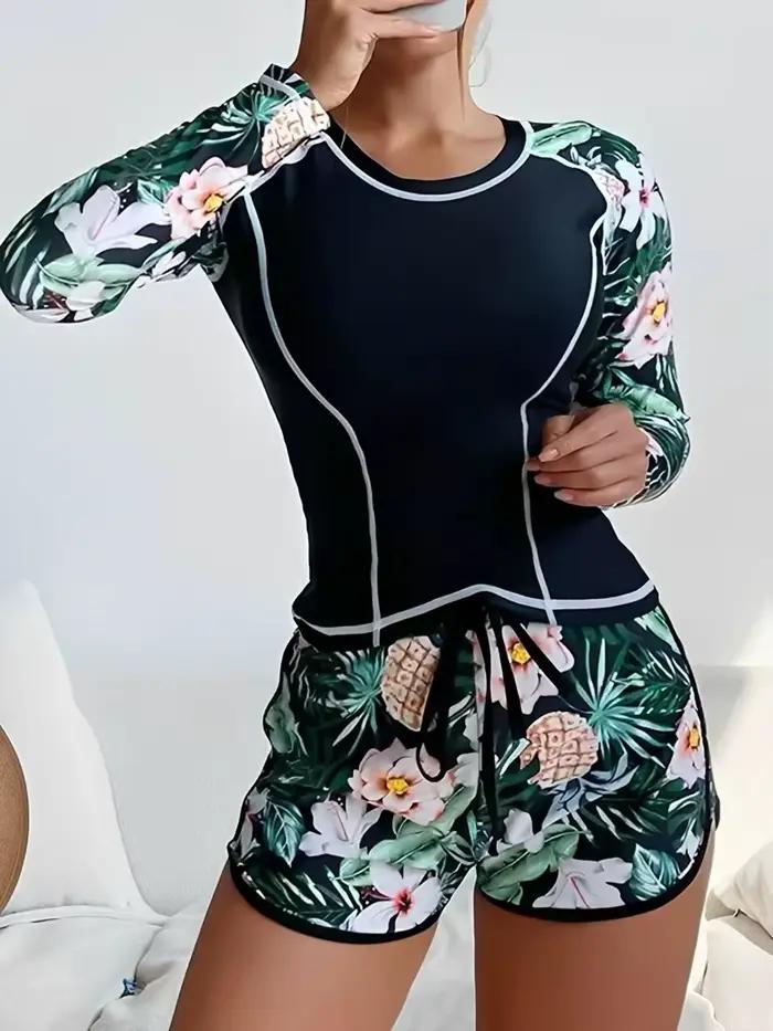 Maillot de bain floral 2026 à manches longues et taille haute pour femme