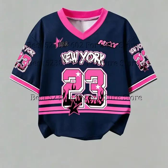 T-shirt court vintage rose et noir contrastant pour femme, motif New York 23, col en V, style Y2K Hip Hop Street, décontracté, été