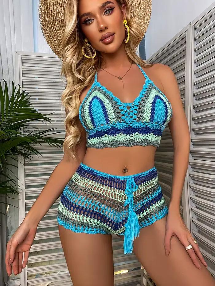 Ensembles de Bikini au Crochet multicolore arc-en-ciel rayé épaules dénudées haut + bas