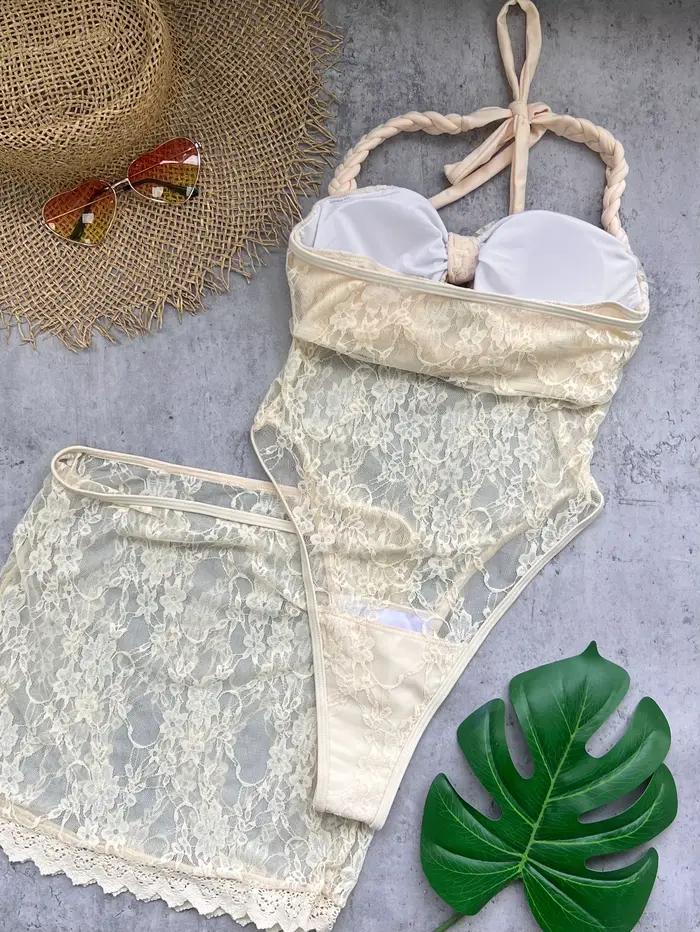 Boucle épaule dénudée Bikini avec jupe femmes maillot de bain 2025 tendance Biquini maillots