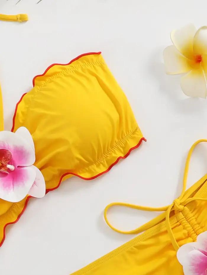 Sexy jaune 3D décoration florale Bikini ensemble 2025 femmes volants Push Up jupe plissée 3 pièces maillot de bain plage