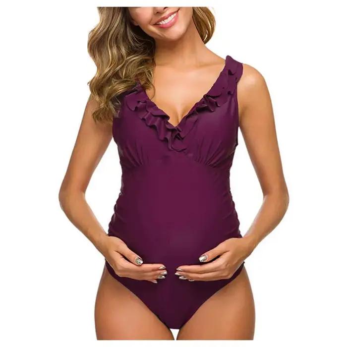Femme enceinte Sexy maillot de bain maternité solide dos nu Bikinis Falbala à volants maillots