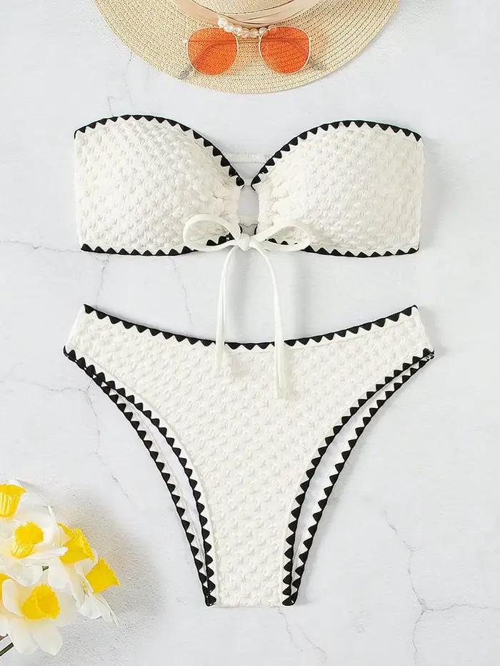 Maillots de bain blanc 2 pièces maillot de bain sans bretelles pour femmes Sexy Bandeau dos nu Bikini ensemble à lacets Patchwork maillot de bain 2025 nouveau