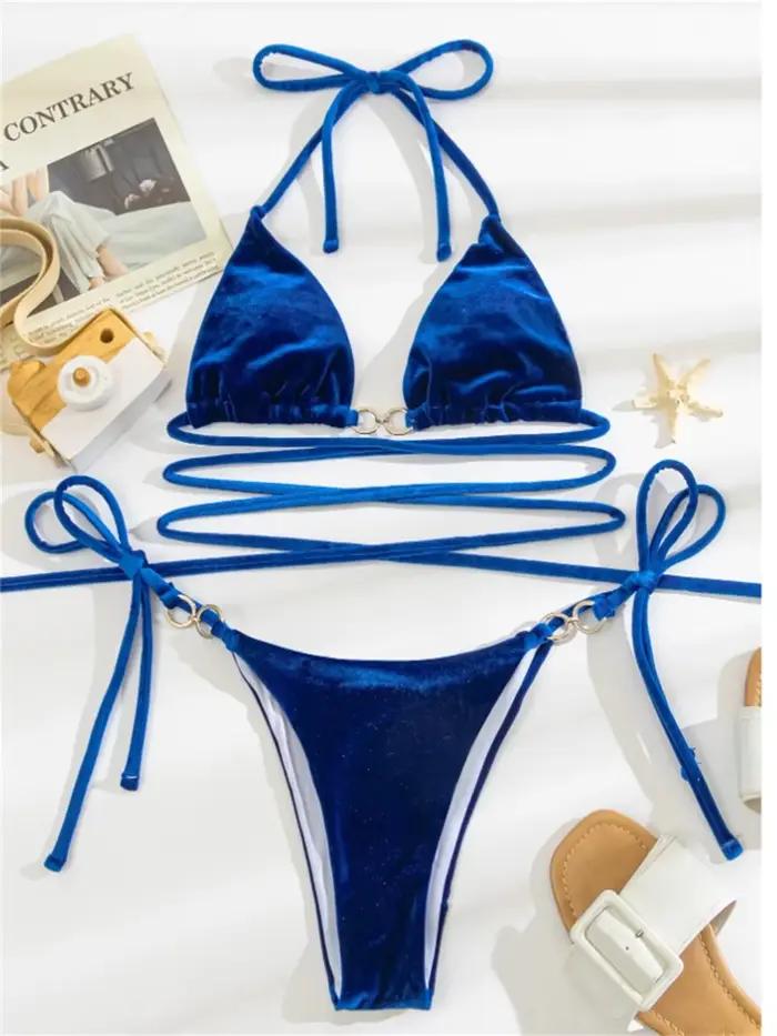Bikini en velours sexy pour femme 2026, bikini push-up vert, coupe triangle, bandeau croisé, occassions plage et mariages