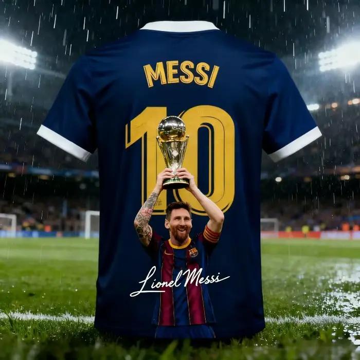 Maillot de football imprimé en 3D de Barcelone Messi n°10, décoré d'un portrait de Lionel Messi et de graphiques signés.