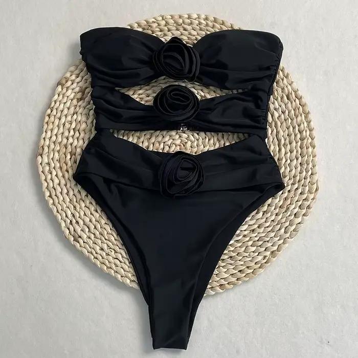 DEBAIOR Sexy Bikini 3D fleur Bandeau découpé Monokini femmes une pièce maillots de bain coupe haute maillot