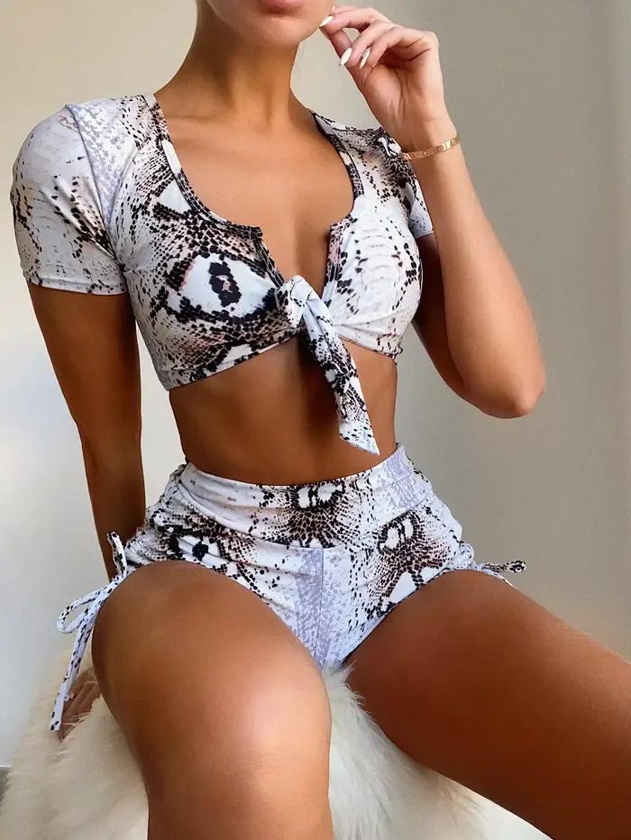Maillot de bain deux pièces 2026 pour femme, manches courtes, taille haute, nœud papillon, imprimé serpent, tenue de plage, Banadores Mujer