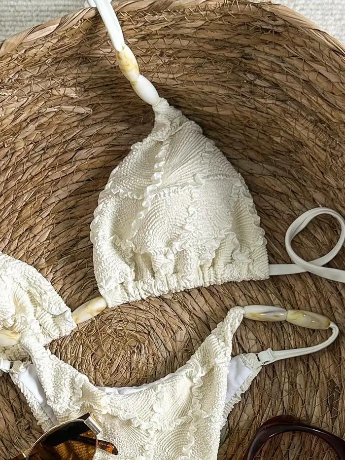 Bikini string sexy 2026 pour femme, blanc, en dentelle ajourée, avec soutien-gorge push-up, micro maillot de bain d'été, tenue de plage pour les vacances