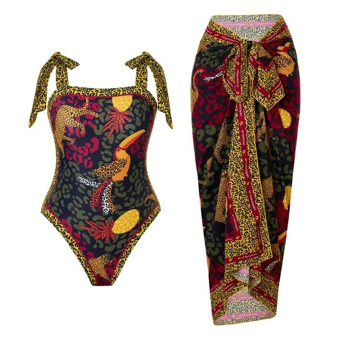 Maillot de bain une pièce imprimé avec jupe de plage pour femmes, tenue de bain estivale pour nager et plage, ajustement parfait, design moderne