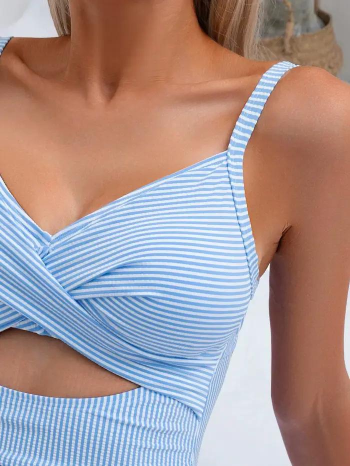 Vintage bleu ciel rayé une pièce maillot de bain 2026 femmes évider croix mince ventre contrôle maillots