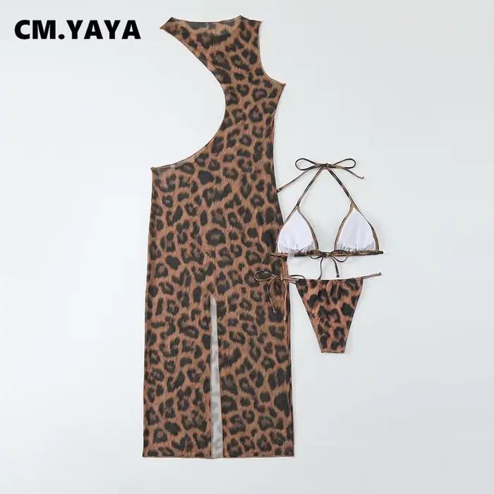 CM.YAYA Women Beach Bikini Set with Cutout Leopard Printed Sexy Long Bodycon Swimsuit Three 2 Piece Set Swimwear Bathing Suit