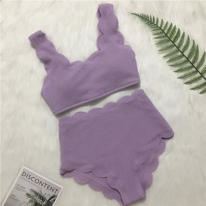 2025 nouvelles femmes maillot de bain festonné taille haute Bikini ensemble solide deux pièces grande