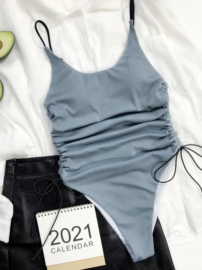 Maillot de Bain Uni Femme Dos Nu Côtelé avec Cordon de Serrage pour Activités Aquatiques et Plage Occasions Spéciales