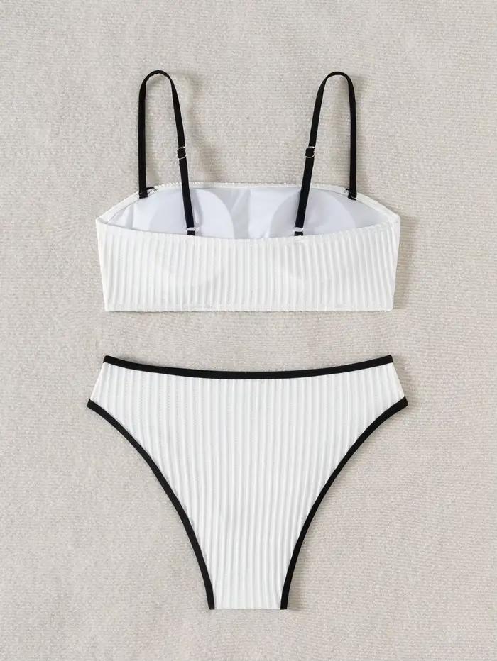 2025 côtelé passepoil Bandeau taille haute bas Bikini ensemble à la mode maillots de bain encolure droite