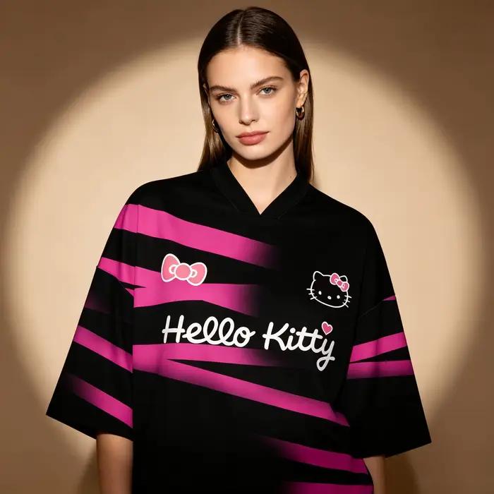 Maillot de football noir et rose Hello-Kitty pour femme, t-shirt surdimensionné à col en V, imprimé numéro 00, manches courtes, streetwear décontracté