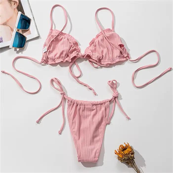 Sexy fronde Bikini Micro String extrême maillot de bain rose Bikinis ensemble