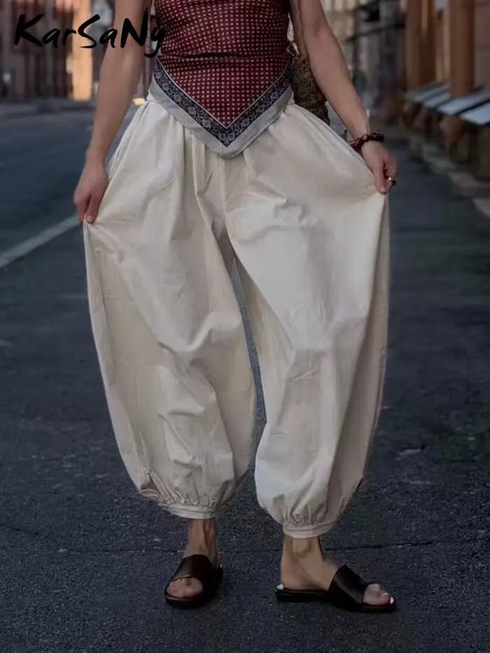 Pantalon large beige pour femme, coupe ample, style lanterne, taille élastique, décontracté, oversize, en coton, pour l'été et l'automne