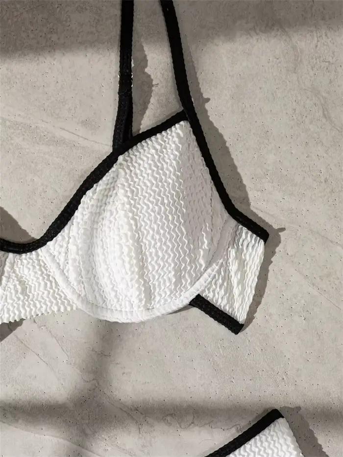Sexy taille haute Bikini blanc maillot de bain bordure noire plage Bikinis Push Up femmes dos nu côtelé vacances