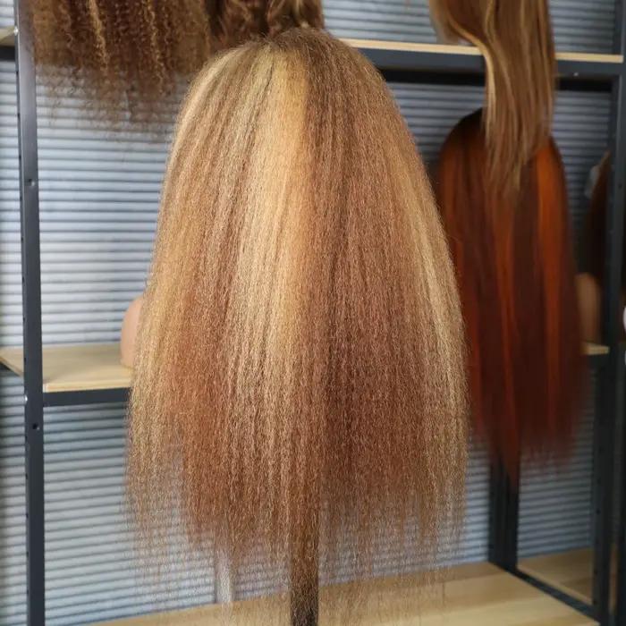 Perruque brésilienne 13x6 Kinky Straight avec mèches 4/27, densité 220%, perruque 13x4 Yaki Straight avec dentelle HD transparente, cheveux humains, 38 pouces