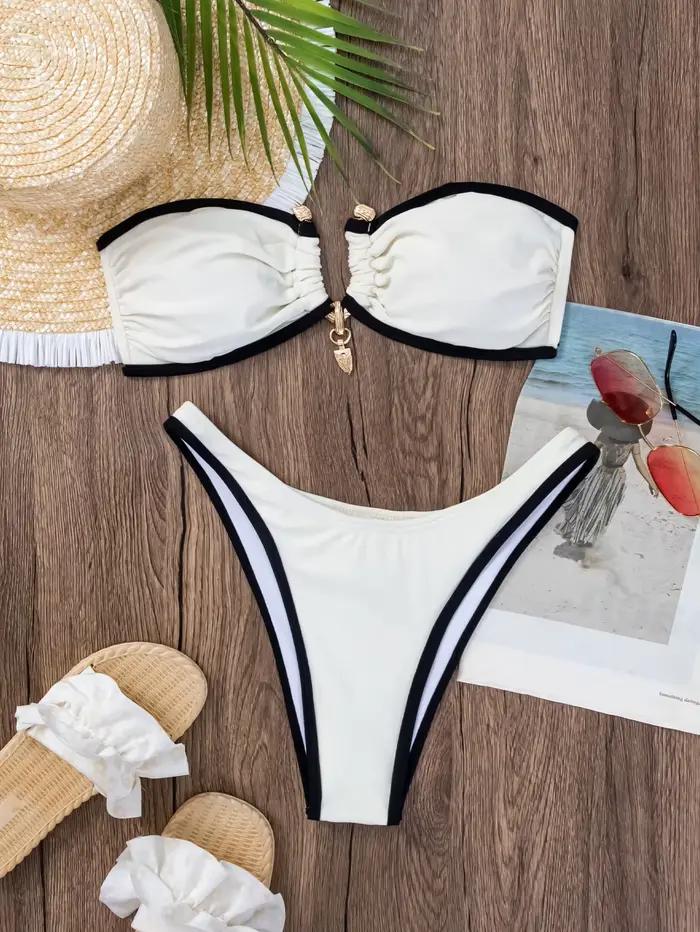 Bandeau Bikini 2026 Femme Sexy Beige Contrastant Plissé Push-Up Micro Maillot de Bain Brésilien Découpé Plage String