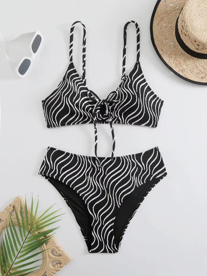 Bikini Taille Haute 2026 Femme Rayé Polyester Élégant Pour Plage Vacances Occasions Spéciales