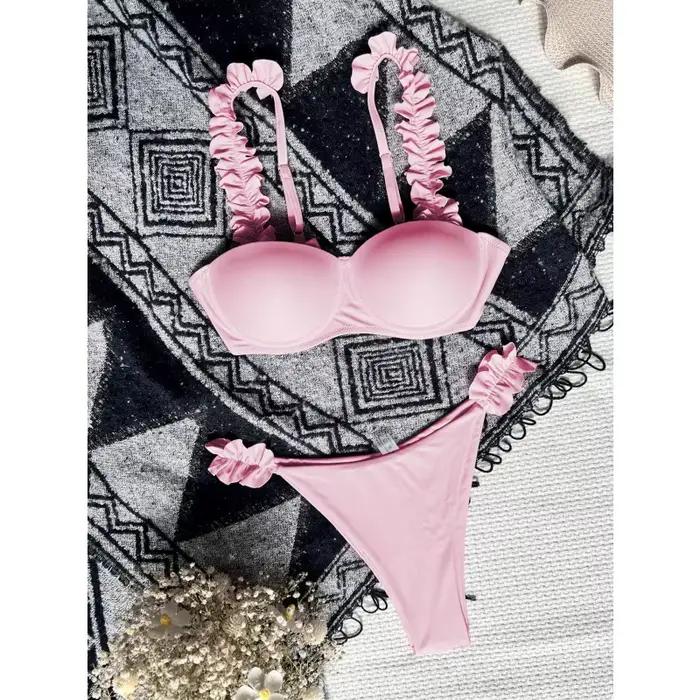 Push Up Bikini ensemble femmes maillots de bain Sexy froncé jarretelle maillot