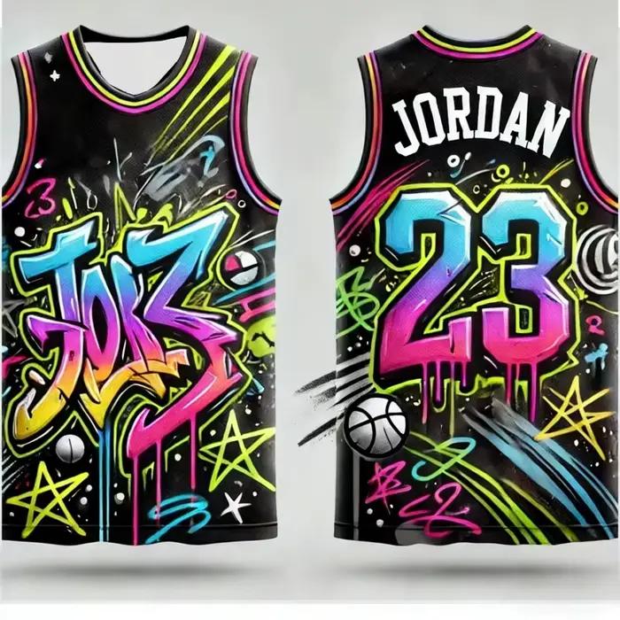 Nouveautés 2025 : Maillot de basketball Jordan style graffiti hip-hop pour hommes et femmes, débardeur de basketball, maillot spécial pour les fans, t-shirts pour la famille et les enfants