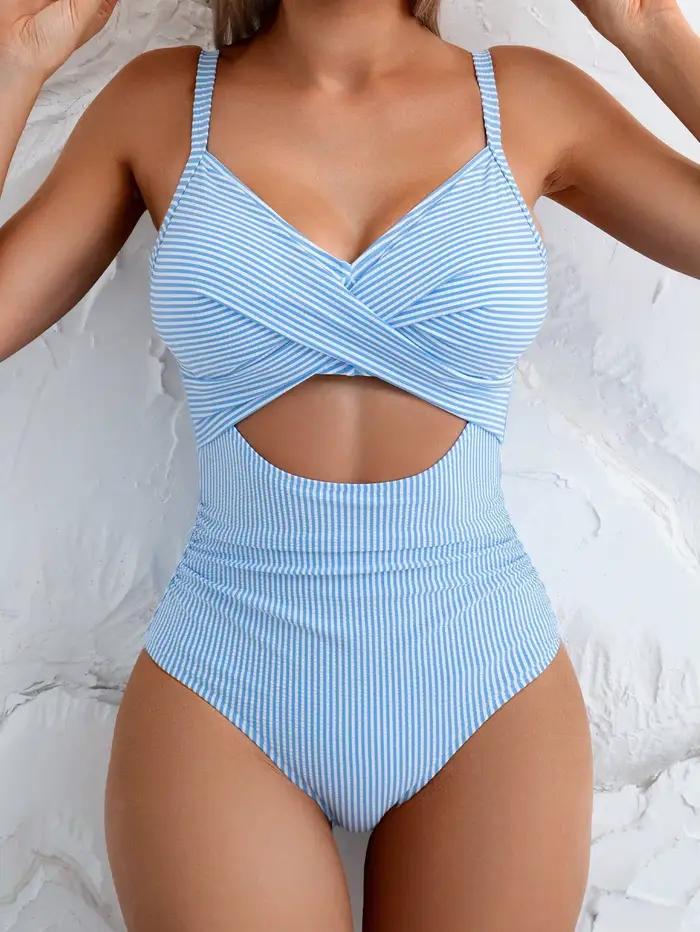 Vintage bleu ciel rayé une pièce maillot de bain 2026 femmes évider croix mince ventre contrôle maillots
