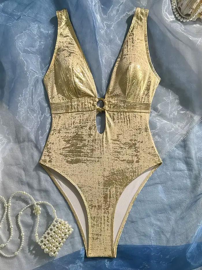 Maillot de bain une pièce doré scintillant à col en V profond pour femme