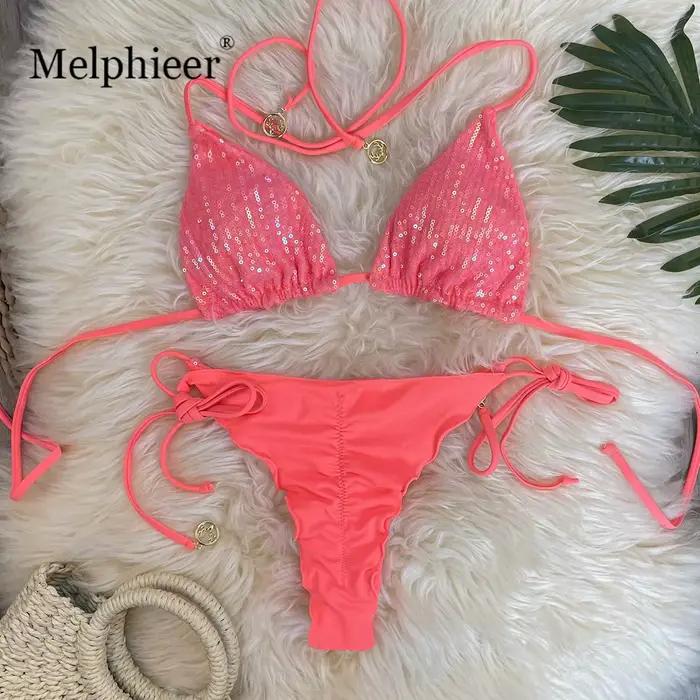 Melphieer Swim 2 pièces femmes été plage vacances froncé Bum paillettes scintillantes plaine licou sangle Bikini ensemble maillot de bain