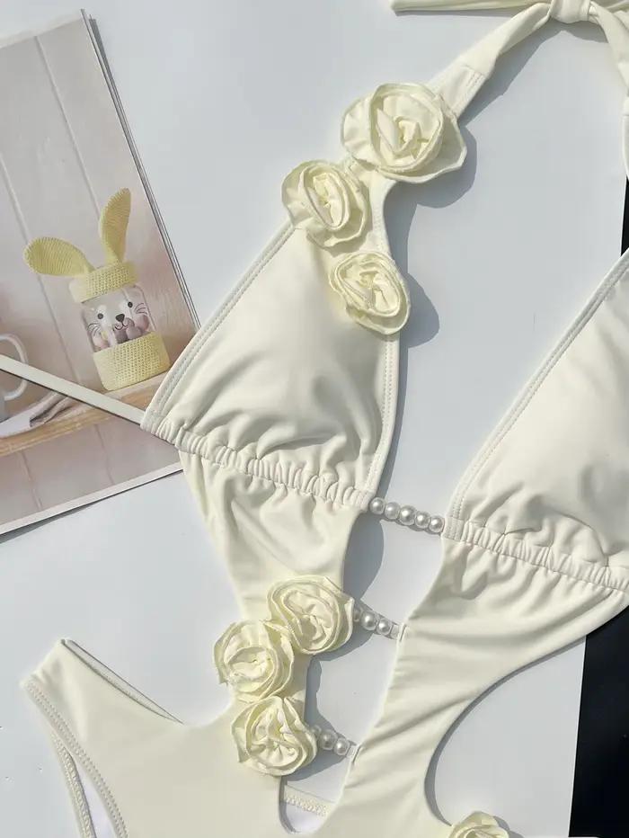 Luxe une pièce maillot de bain fleuri Sexy Bikini femmes Monokini fausse perle maillots